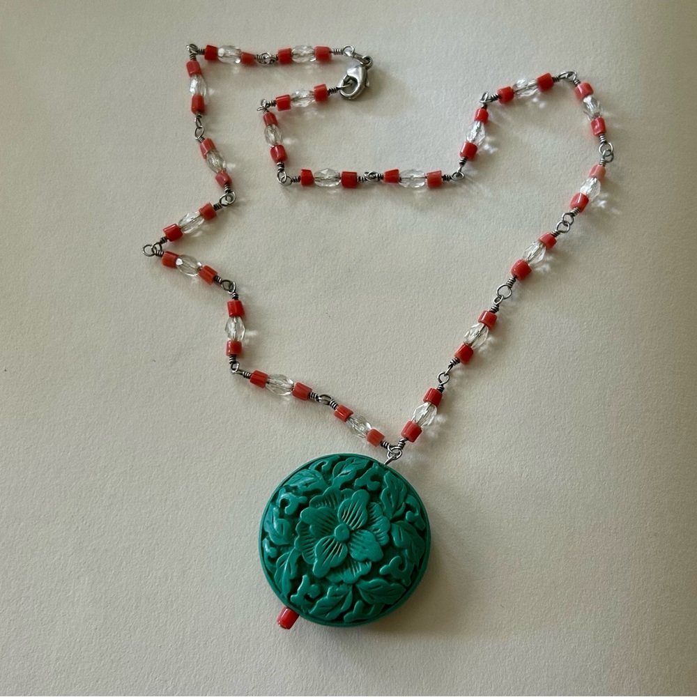 Crystal Coral Glass & 925 Silver Necklace With Carved Turquoise Cinnabar Pendant